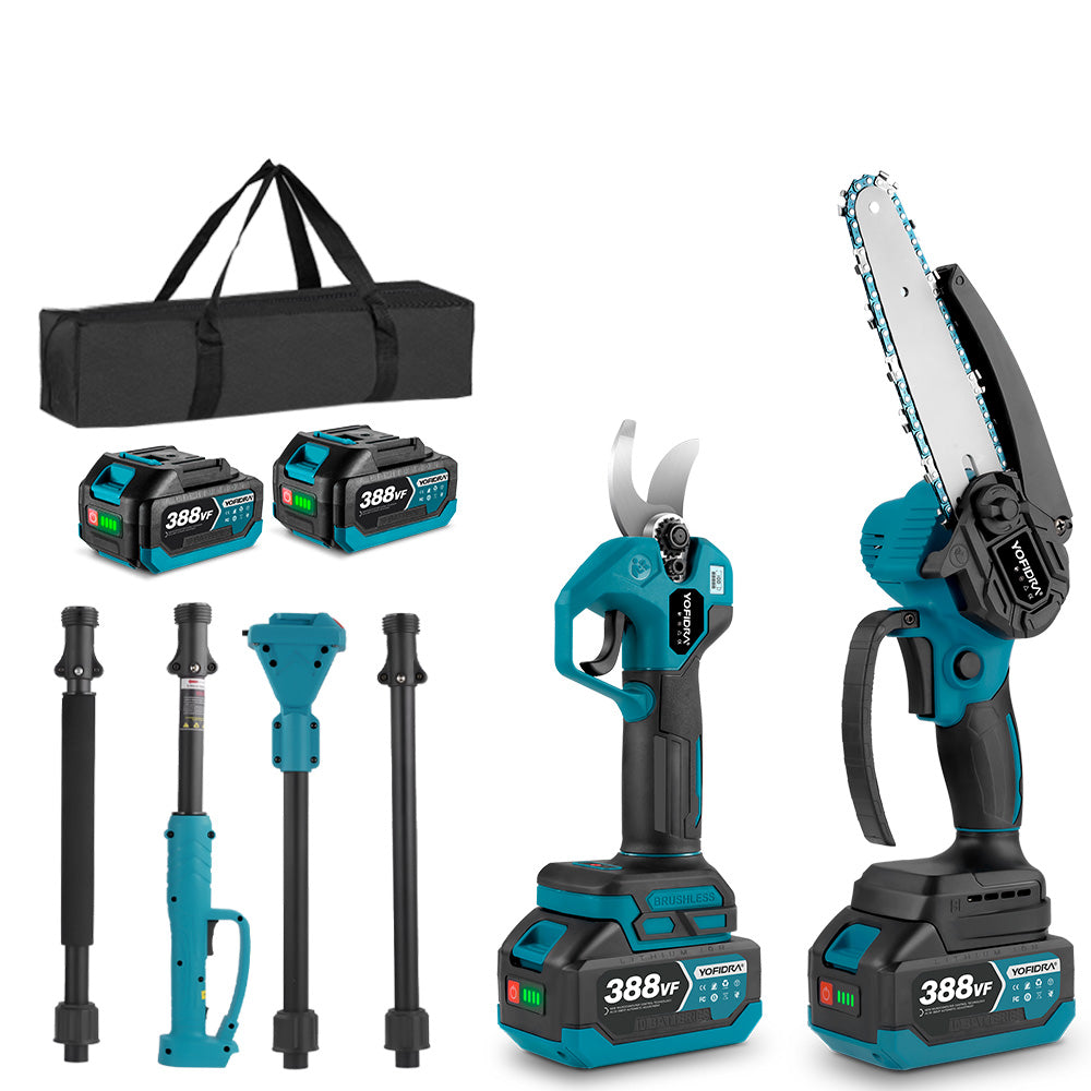 garden scissors electric YOFIDRA Brushless Telescoping Pole Electric Chainsaw Scissors 3 IN 1 Garden Tree Pruning Power Tool For Makita 18V Battery, 2 Battery US Plug