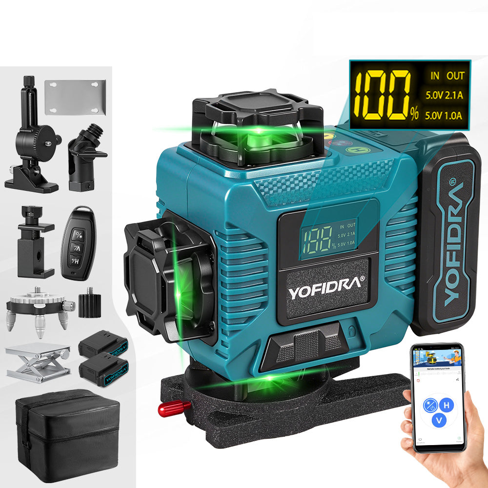YOFIDRA 16-Line Laser Level – Digital Display + Rotating Black Light & Base + Universal Bevel Head