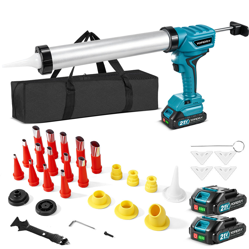 YOFIDRA 21V Cordless Caulking Gun, 600kg High-Thrust Sealant Gun with 7-Speed Control, Cruise Control & 31-Piece Nozzle Kit