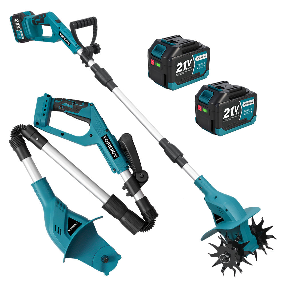 YOFIDRA Cordless Dual-Blade Garden Tiller with Digital Display | 2 Blade Heads & 2 Metal Pins