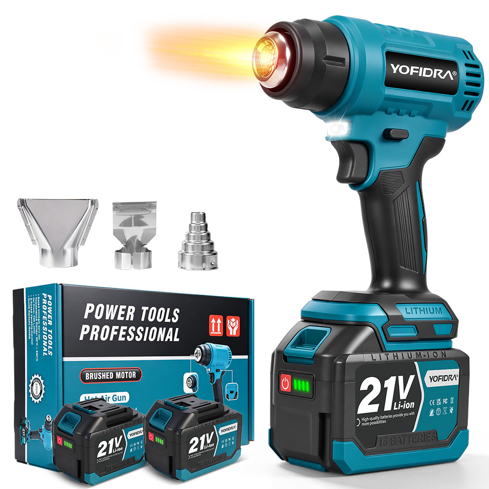 YOFIDRA Cordless Digital Heat Gun, 60–540°C Variable Temperature, 5-Speed Airflow & LCD Display with 3 Nozzles