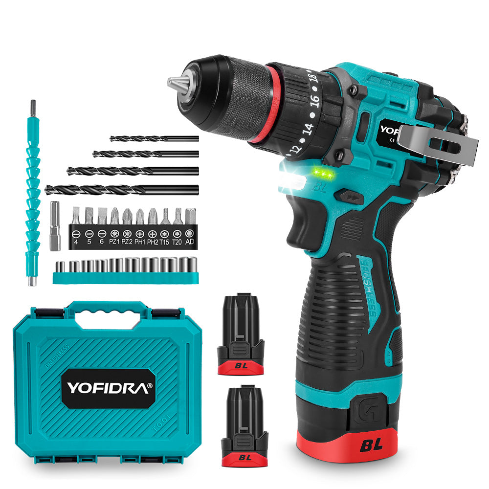 YOFIDRA 16.8V Brushless 3-in-1 Cordless Hammer Drill – 20 Torque Settings, 2-Speed, 10mm Chuck