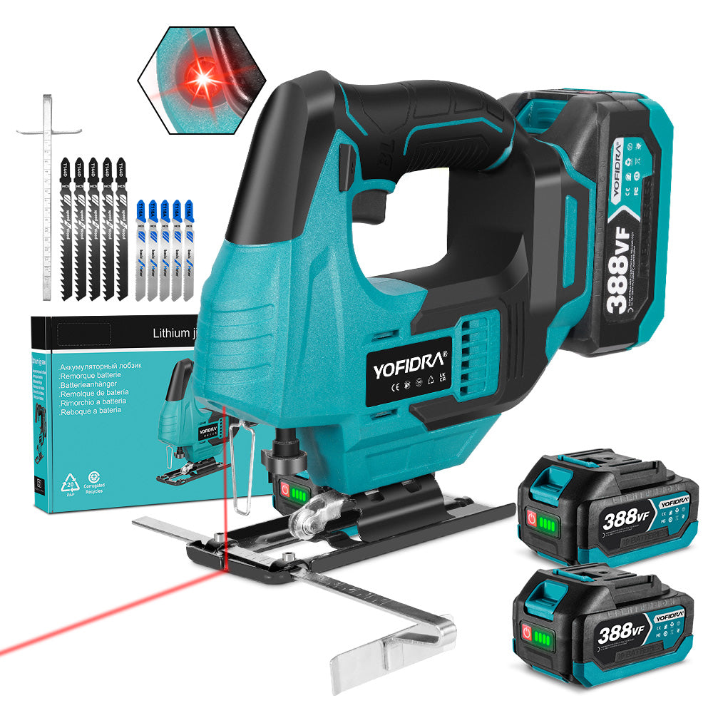 YOFIDRA Brushless Cordless Jigsaw with Infrared Laser, Variable Speed, Quick-Release Rod - Compatible with Makita 18-21V Battery