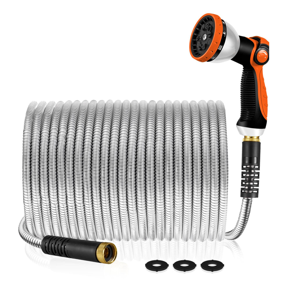 YOFIDRA Stainless Steel Garden Hose 25ft/50ft/100ft - Flexible, No-Kink Metal Water Hose with Sprayer for Home, Garden, Car Wash & Watering