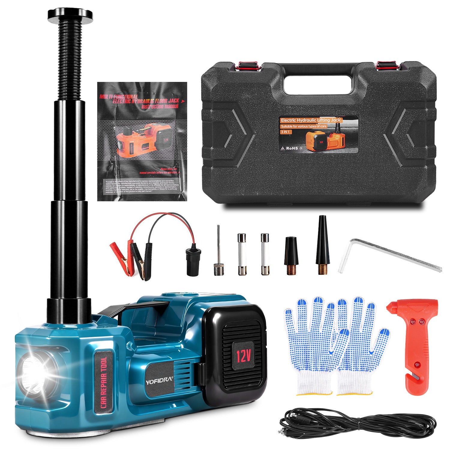 YOFIDRA 12V Off-Road Electric Hydraulic Car Jack 3-in-1 with Tire Inflator