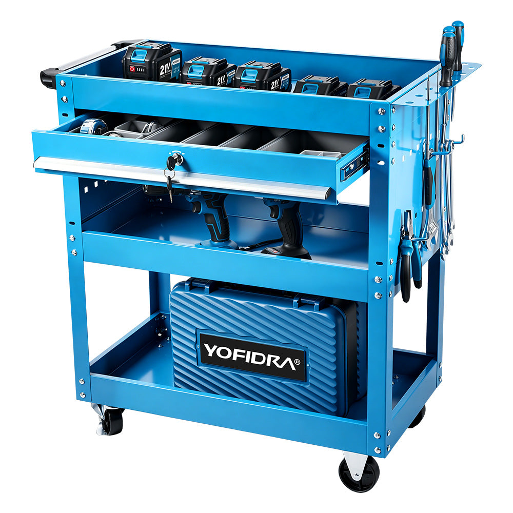 YOFIDRA Rolling Tool Storage Cart with Lockable Cabinet, Storage Shelves and 6 Steel Hooks