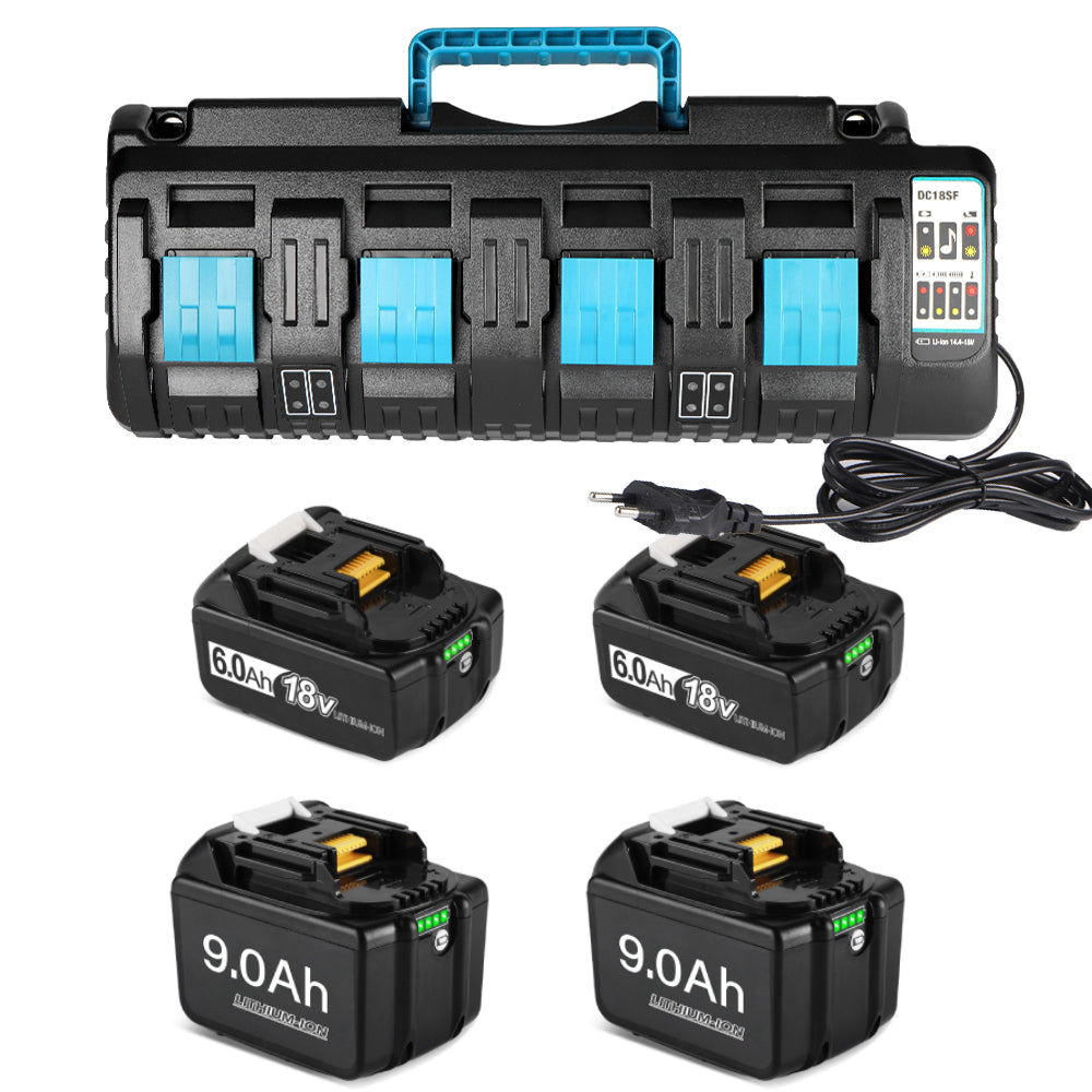 YOFIDRA 6.0Ah & 9.0Ah Lithium Ion Battery Kit with 4-Slot Charger for Makita 18V