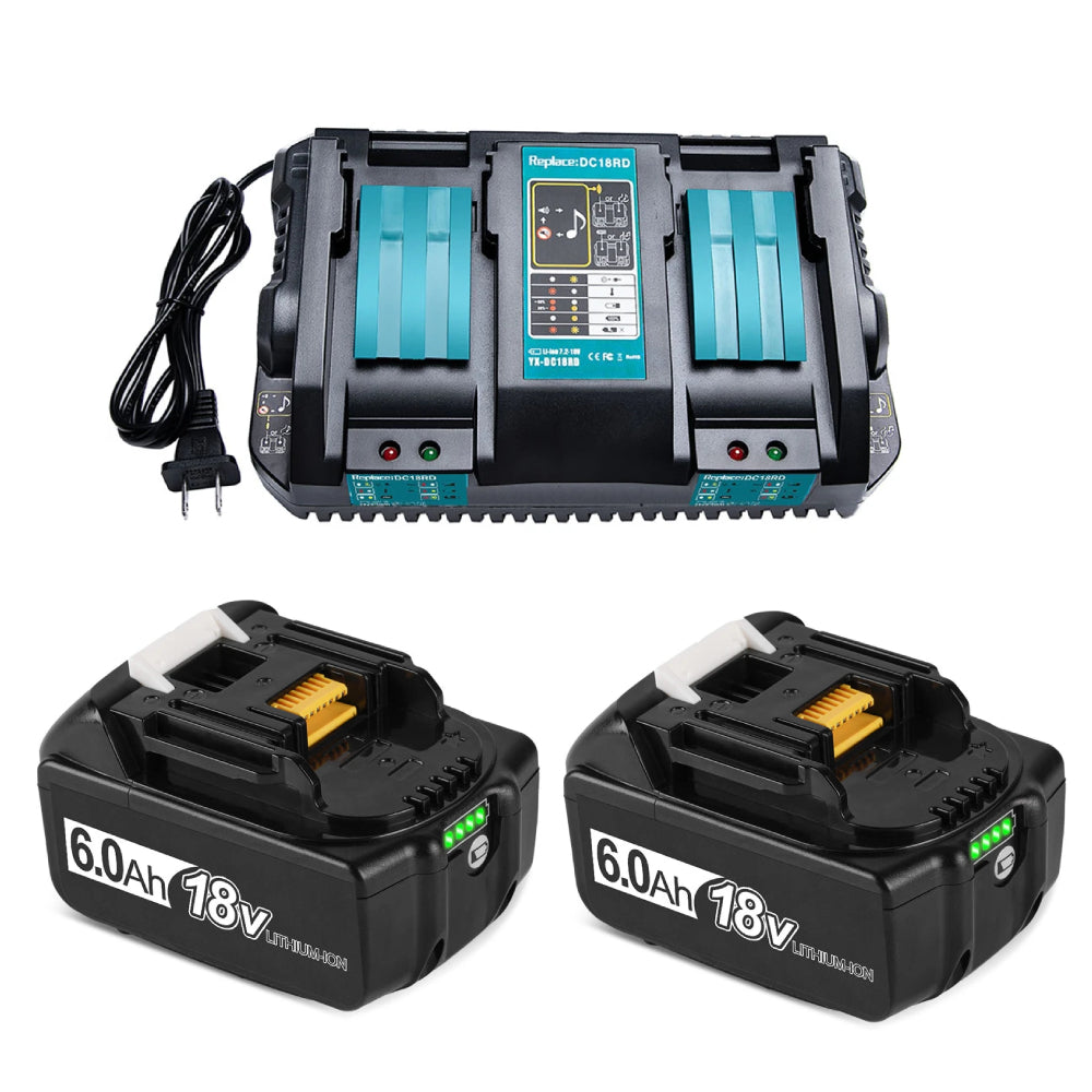 YOFIDRA 6.0Ah & 9.0Ah Lithium Ion Battery Kit with 2-Slot Charger for Makita 18V