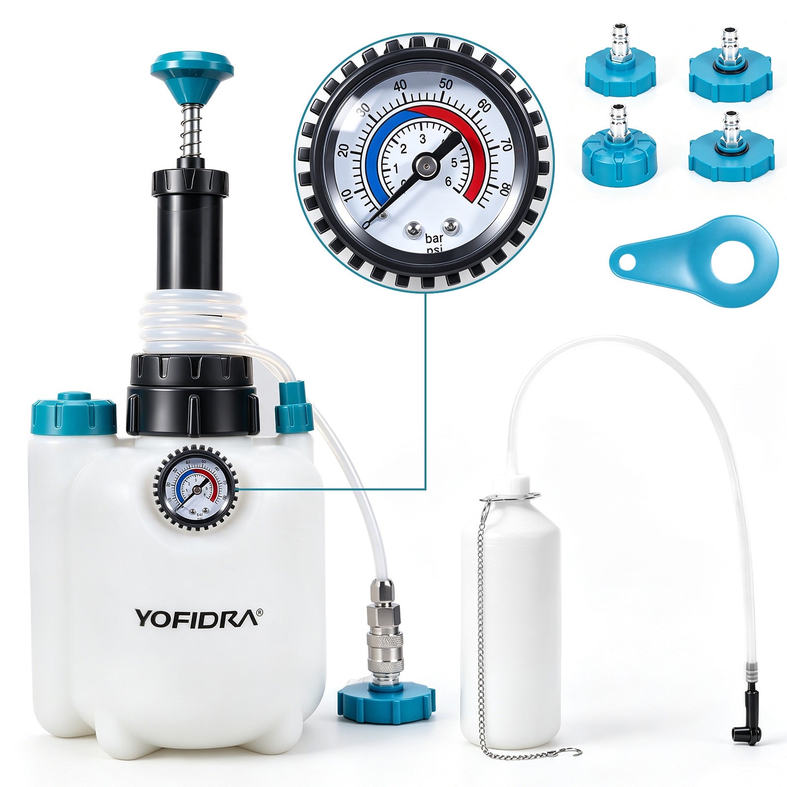 YOFIDRA 3L Manueller Bremsentlüfter mit Druckpumpe – Bremsflüssigkeitswechsel- und Entlüftungspumpe mit 4 Adaptern
