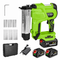 A cordless air impact nail gun kit shown on a white background, including the green and black nail gun, two 21V batteries, a black carrying case, an adapter, and several metal nail plates with an included hex key.
