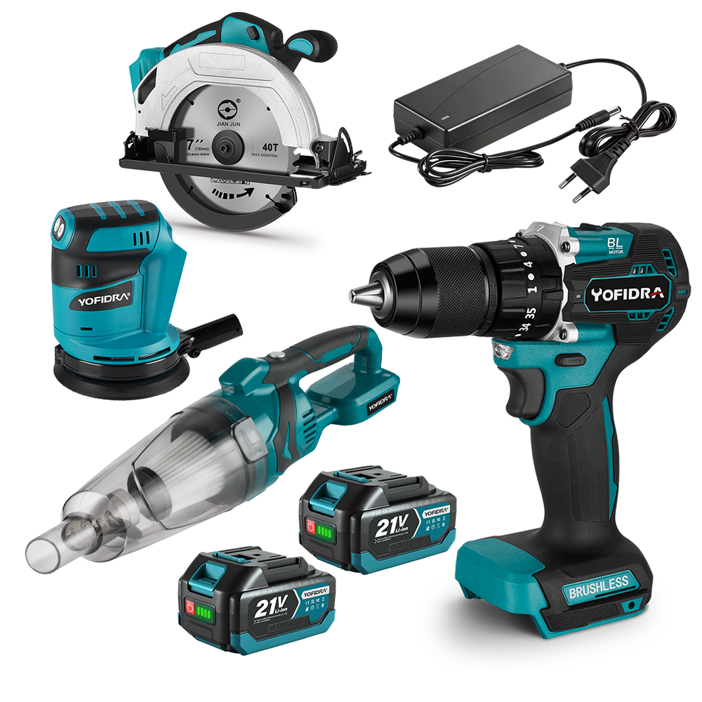 YOFIDRA Kit de Herramientas Inalámbricas Combinadas de 18V sin Escobillas – Taladro, Sierra Circular, Lijadora y Aspiradora